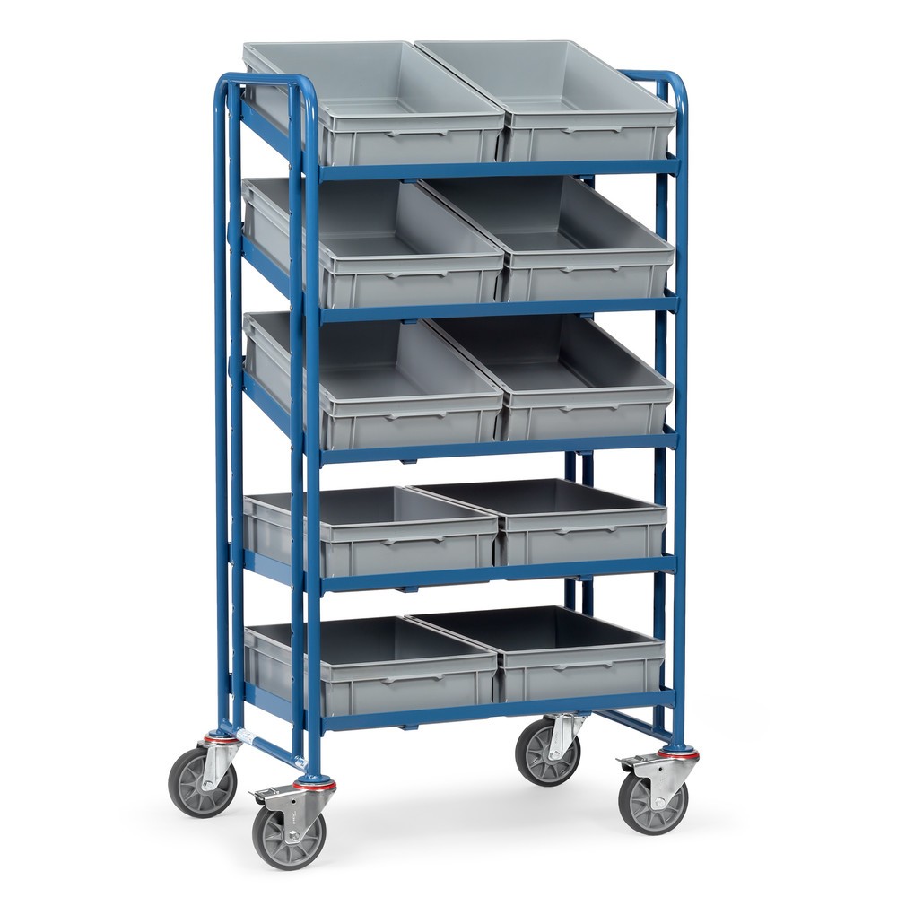 Obraz produktu: Wózek piętrowy na europojemniki fetra®, z pojemnikami, udźwig 300 kg, 5 pięter o wymiarach 820 × 610 mm
