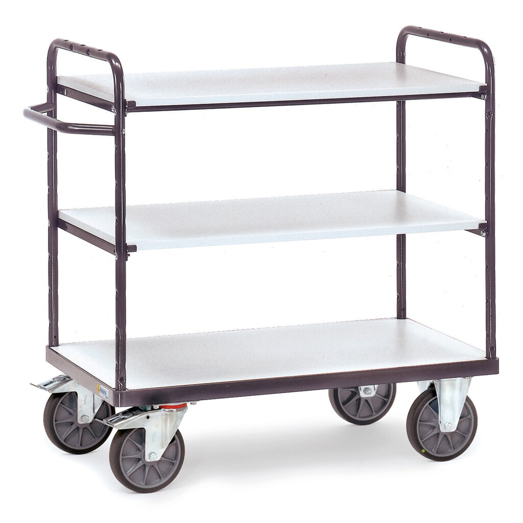 Zdjęcie produktu nr 1: Wózek piętrowy ESD fetra®, z drewnianymi półkami, 3 powierzchnie ładunkowe, 600 x 1000 mm, wysokość 1152 mm