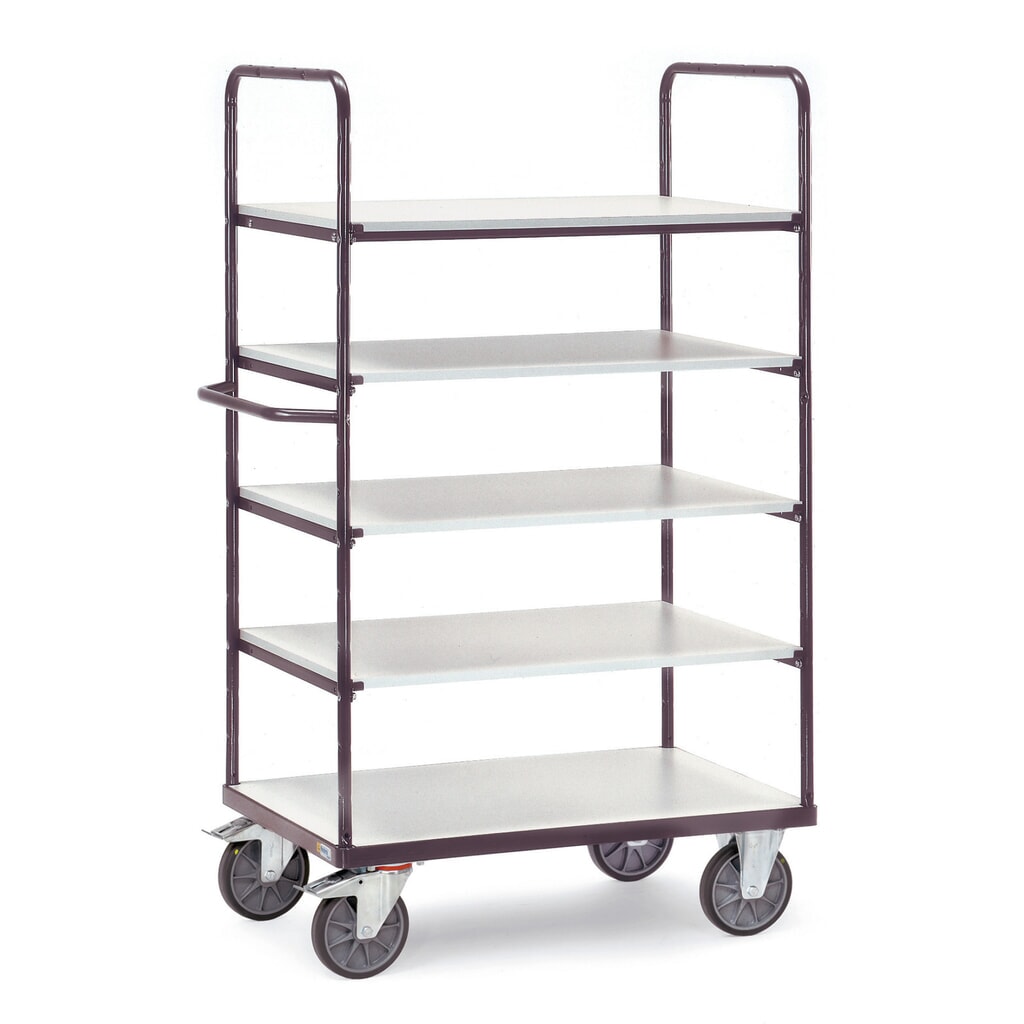 Wózek piętrowy ESD fetra®, z drewnianymi półkami, 5 powierzchni ładunkowych, 500 x 850 mm, wysokość 1800 mm Zdjęcie produktu nr 1: Wózek piętrowy ESD fetra®, z drewnianymi półkami, 5 powierzchni ładunkowych, 500 x 850 mm, wysokość 1800 mm