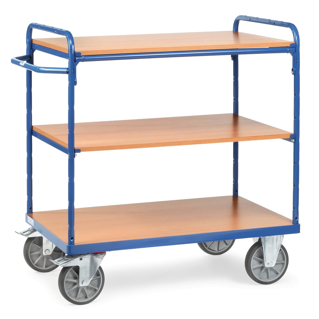 Wózek piętrowy fetra®, z drewnianymi półkami, 3 poziomy po 1 000 x 600 mm, wysokość 1 152 mm Zdjęcie produktu: Wózek piętrowy fetra®, z drewnianymi półkami, 3 poziomy po 1 000 x 600 mm, wysokość 1 152 mm