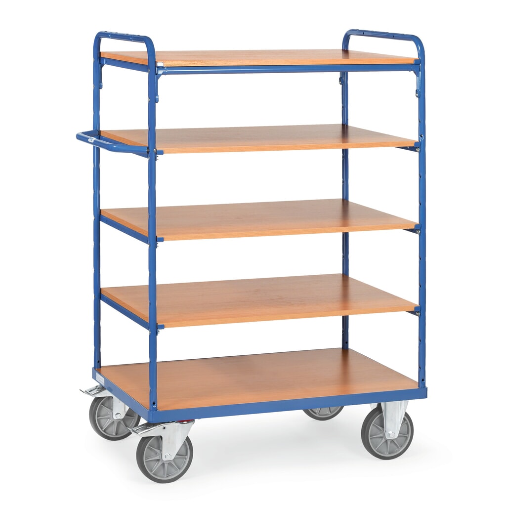 Zdjęcie produktu: Wózek piętrowy fetra®, z drewnianymi półkami, 5 poz. po 1000 x 600 mm, wysokość 1552 mm