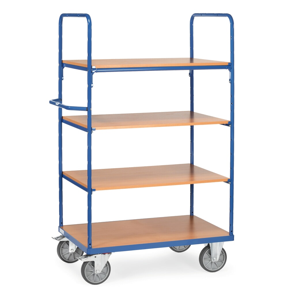 Wózek piętrowy fetra®, z drewnianymi półkami, 4 poz. po 1000 x 600 mm, wysokość 1800 mm Zdjęcie produktu: Wózek piętrowy fetra®, z drewnianymi półkami, 4 poz. po 1000 x 600 mm, wysokość 1800 mm