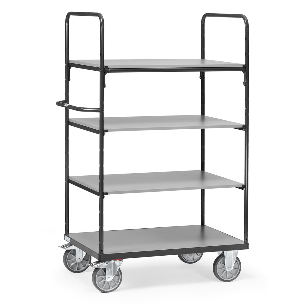 Zdjęcie produktu nr 1: Wózek piętrowy fetra®, z drewnianymi półkami, 4 poziomy po 1200 x 800 mm, wysokość 1800 mm, kolor antracytowy szary