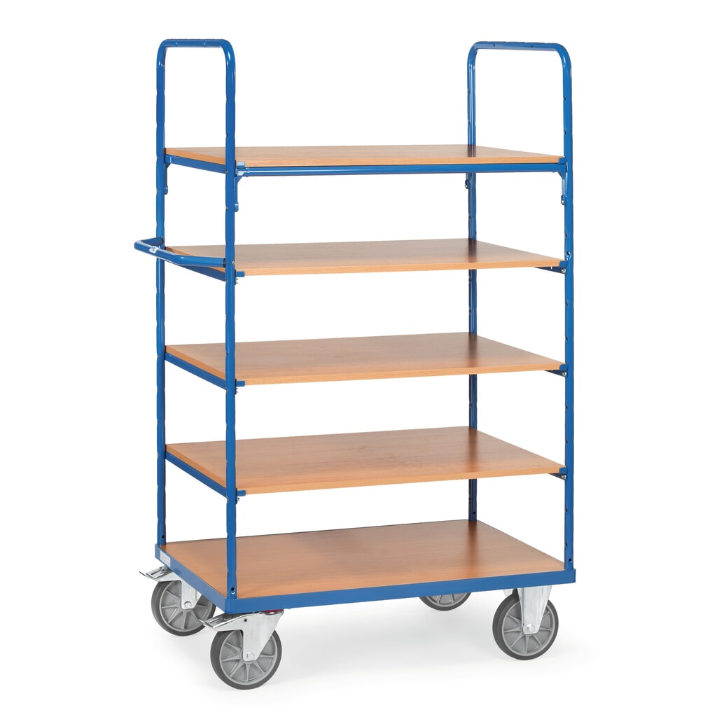 Wózek piętrowy fetra®, z drewnianymi półkami, 5 poziomów po 1 000 x 600 mm, wysokość 1 800 mm Zdjęcie produktu: Wózek piętrowy fetra®, z drewnianymi półkami, 5 poziomów po 1 000 x 600 mm, wysokość 1 800 mm