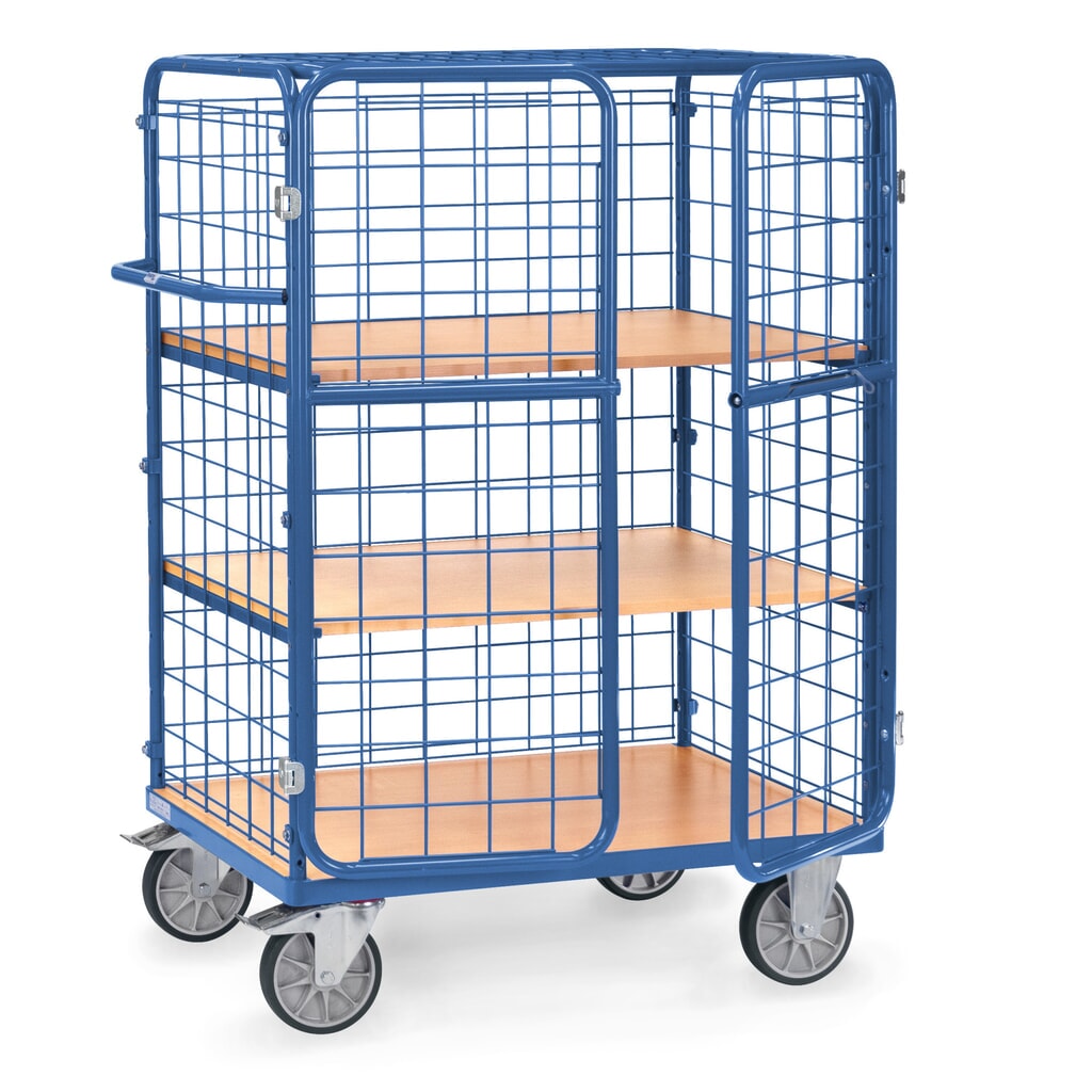 Zdjęcie produktu: Wózek piętrowy fetra®, z drzwiami skrzydłowymi, udźwig 600 kg, 3 piętra o wymiarach 1000 x 600 mm każde