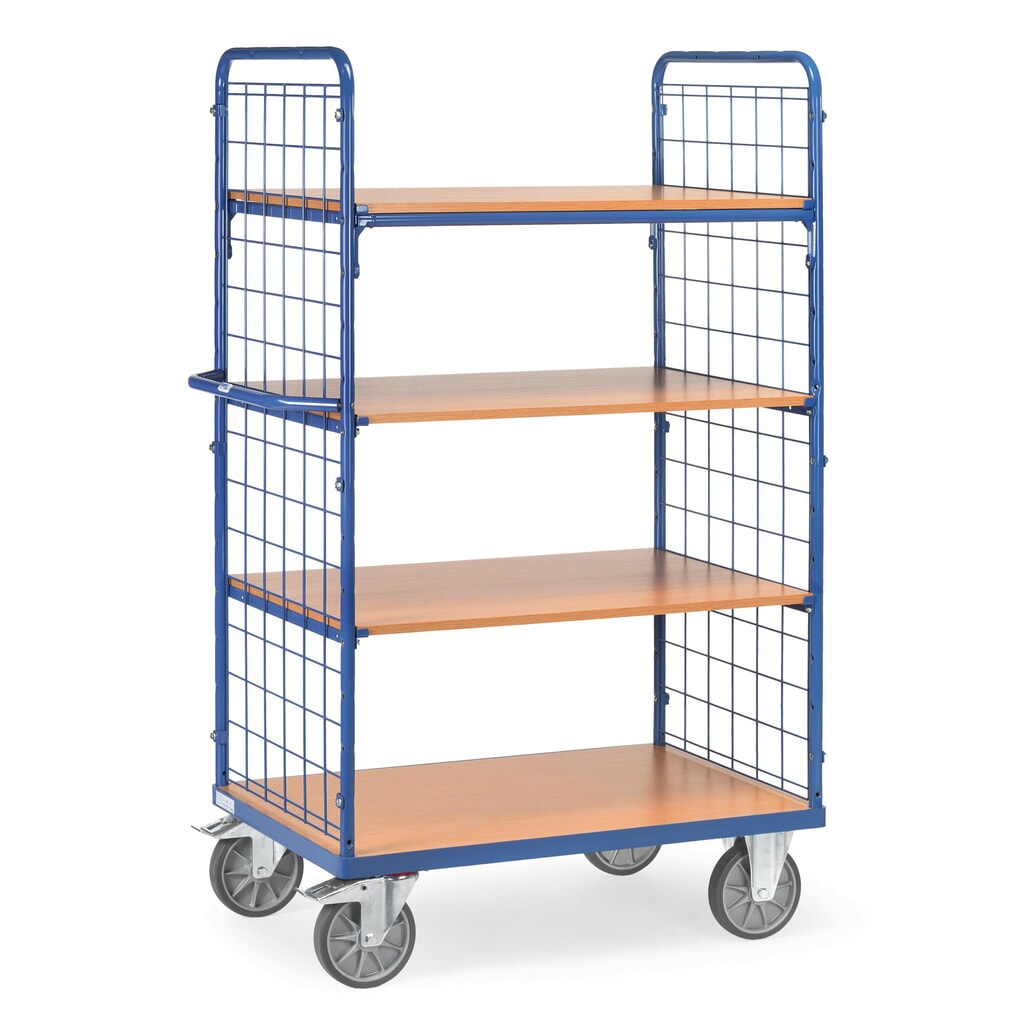 Zdjęcie produktu nr 1: Wózek piętrowy fetra® z nieruchomymi podłogami, 2 x ściana kratowa, 4 poz. po 1200 × 800 mm