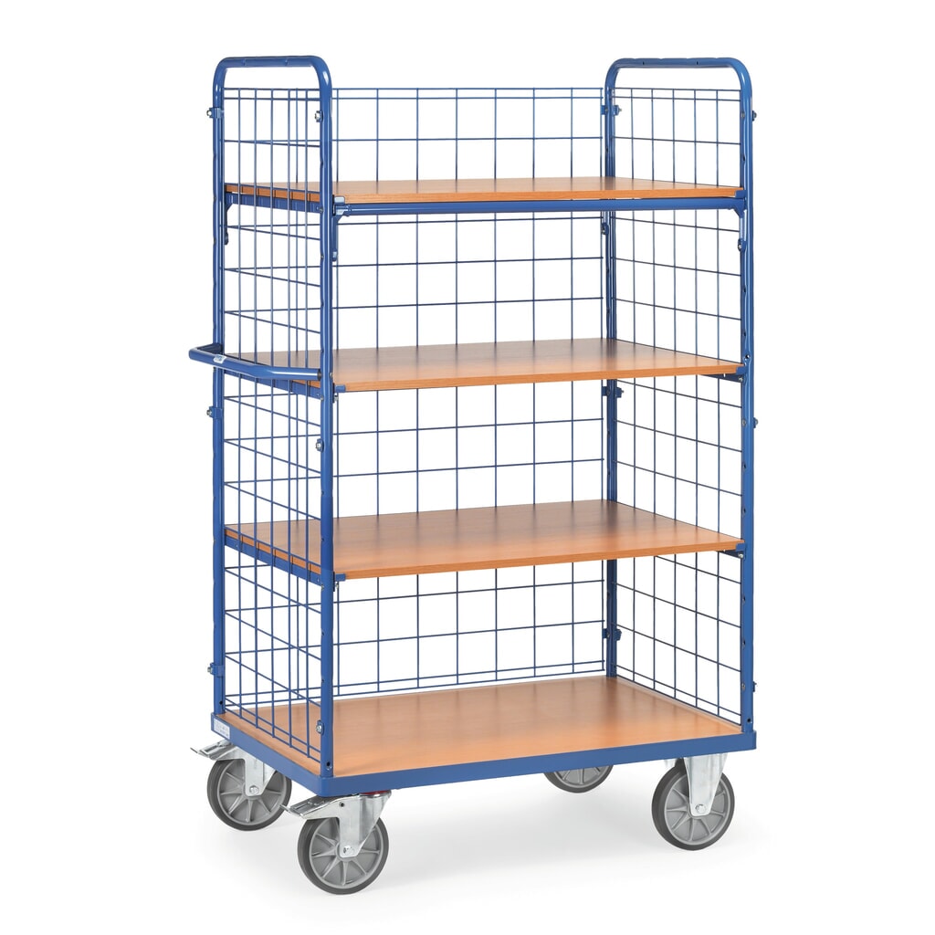 Zdjęcie produktu nr 1: Wózek piętrowy fetra® z nieruchomymi podłogami, 3 x ściana kratowa, 4 poz. po 1000 × 700 mm