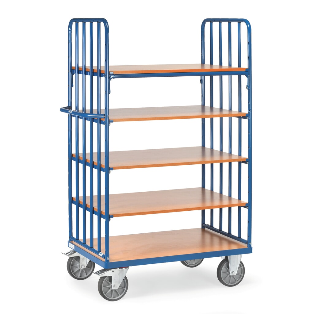 Wózek piętrowy fetra® z pionowymi podporami rurowymi, 2 ściany, 5 poz. po 1000 × 600 mm Zdjęcie produktu: Wózek piętrowy fetra® z pionowymi podporami rurowymi, 2 ściany, 5 poz. po 1000 × 600 mm
