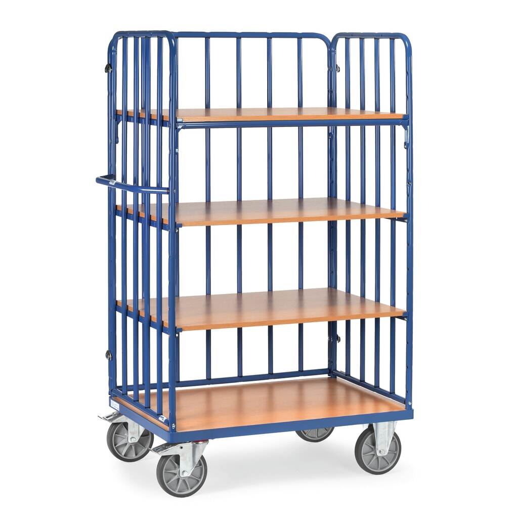 Zdjęcie produktu nr 1: Wózek piętrowy fetra® z pionowymi podporami rurowymi, 3 ściany, 4 poziomy po 1 000 × 600 mm, wysokość 1 800 mm