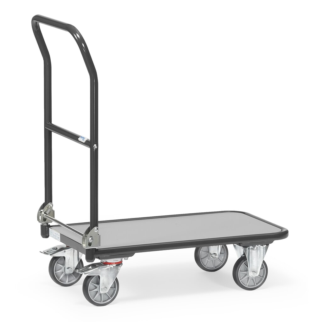 Zdjęcie produktu nr 1: Wózek platformowy fetra® z drewnianą powierzchnią ładunkową, kabłąk składany, szer. x gł. 600 x 900 mm, udźwig 250 kg, kolor antracytowy szary