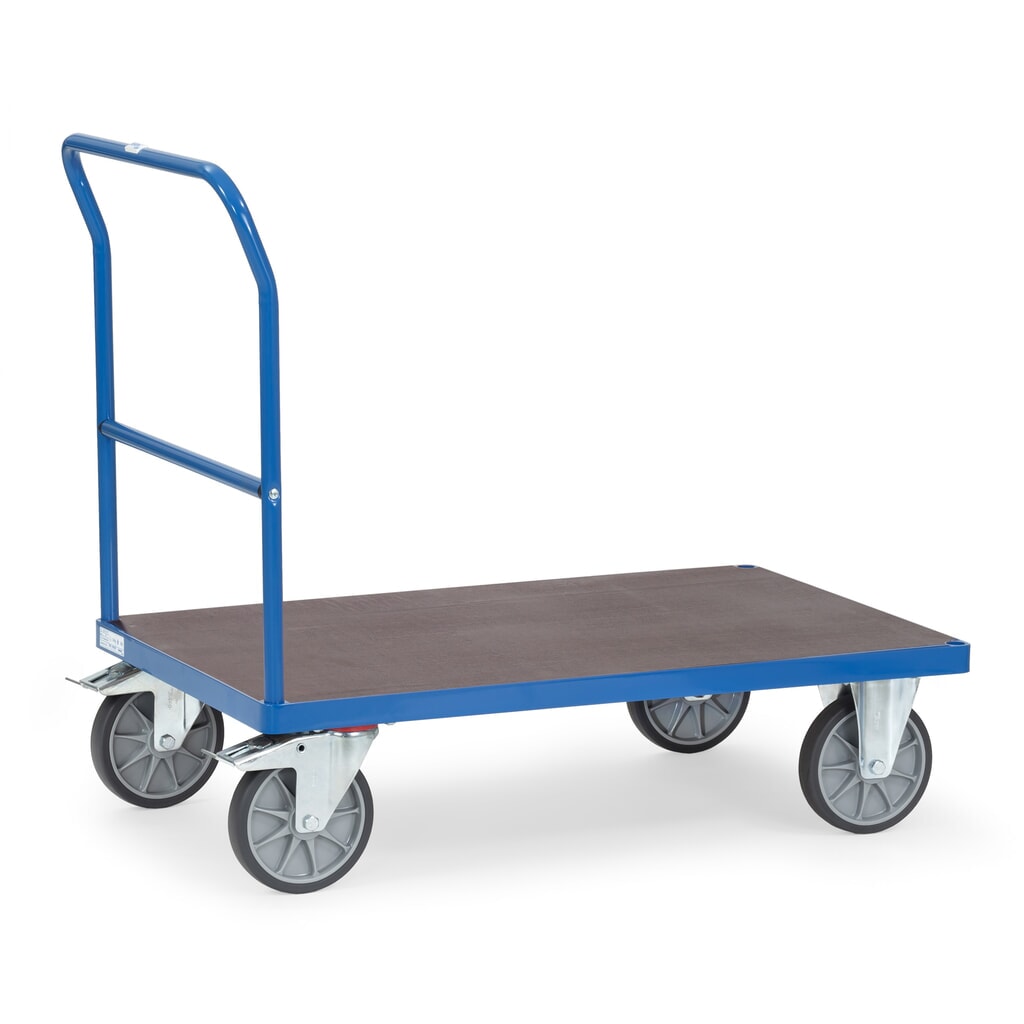 Wózek platformowy fetra®, z pałąkiem do pchania, antypoślizgowa powierzchnia ładunkowa szer. x gł. 600 x 1000 mm, niebieski brylantowy Zdjęcie produktu nr 1: Wózek platformowy fetra®, z pałąkiem do pchania, antypoślizgowa powierzchnia ładunkowa szer. x gł. 600 x 1000 mm, niebieski brylantowy