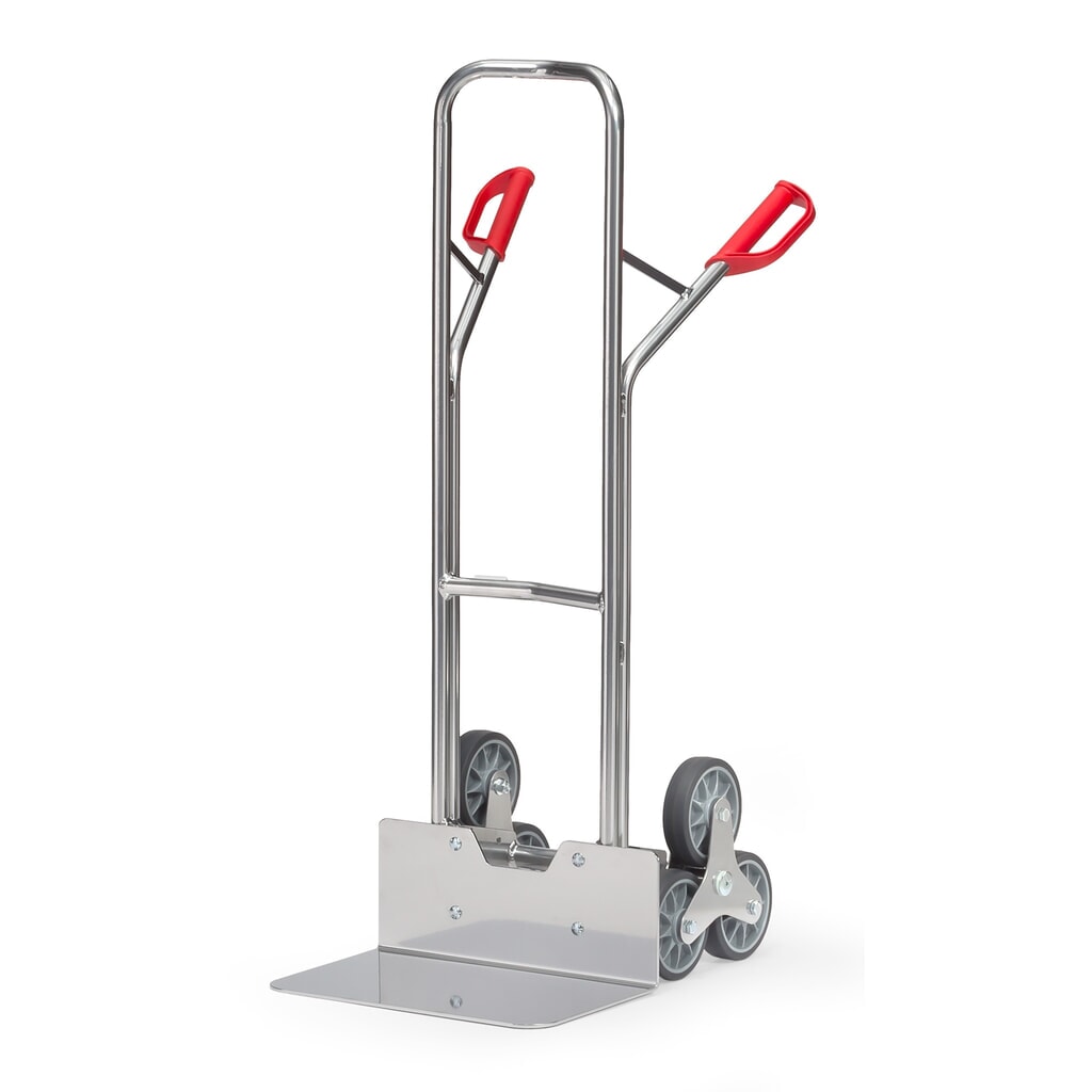 Zdjęcie produktu: Wózek schodowy fetra®, 3-ramienna gwiazda kół, udźwig 200 kg, szufla szer. × gł. 480 × 300 mm, aluminium