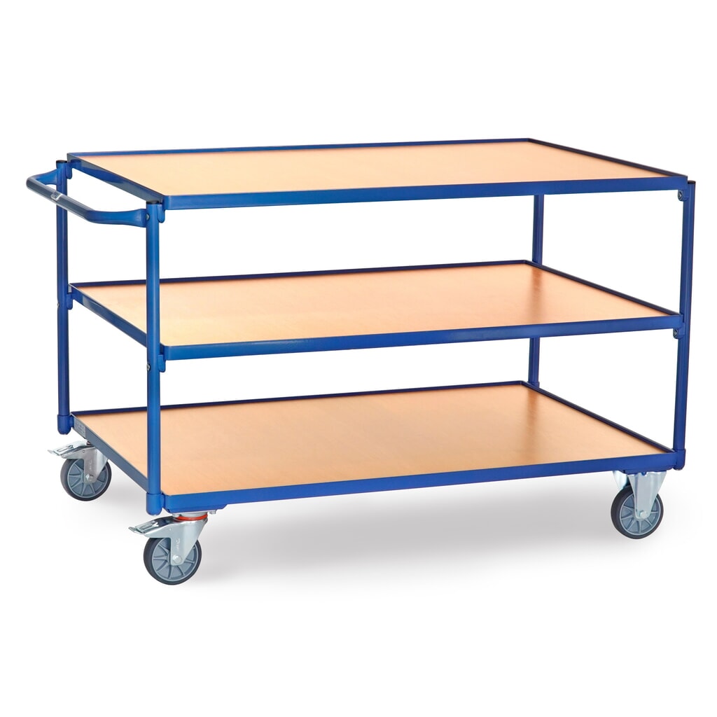 Zdjęcie produktu nr 1: Wózek stołowy fetra®, udźwig 300 kg, 3 piętra o wymiarach 1200 × 800 mm, poziomy pałąk do pchania