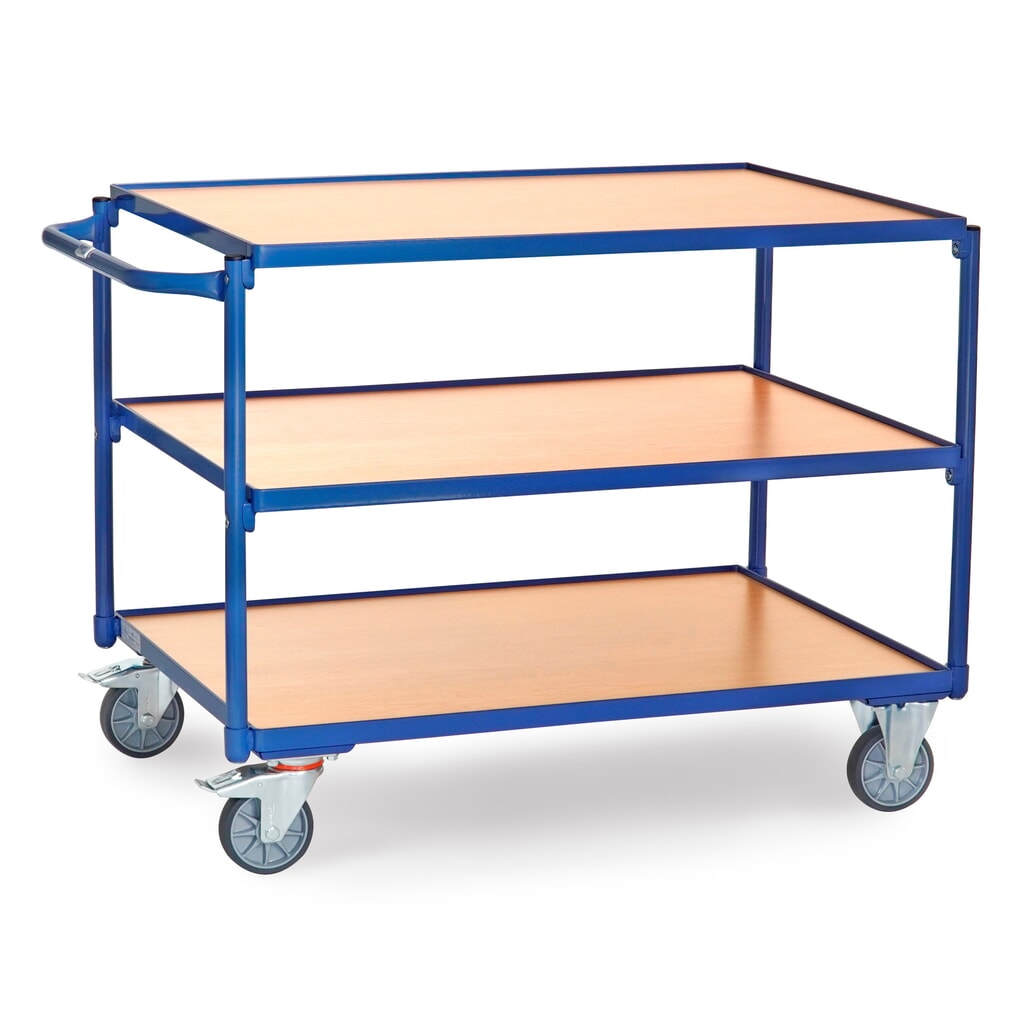 Zdjęcie produktu: Wózek stołowy fetra®, udźwig 300 kg, 3 piętra o wymiarach 1000 × 700 mm, poziomy pałąk do pchania