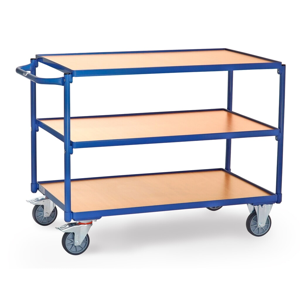 Zdjęcie produktu: Wózek stołowy fetra®, udźwig 300 kg, 3 piętra o wymiarach 1 000 × 600 m, poziomy pałąk do pchania