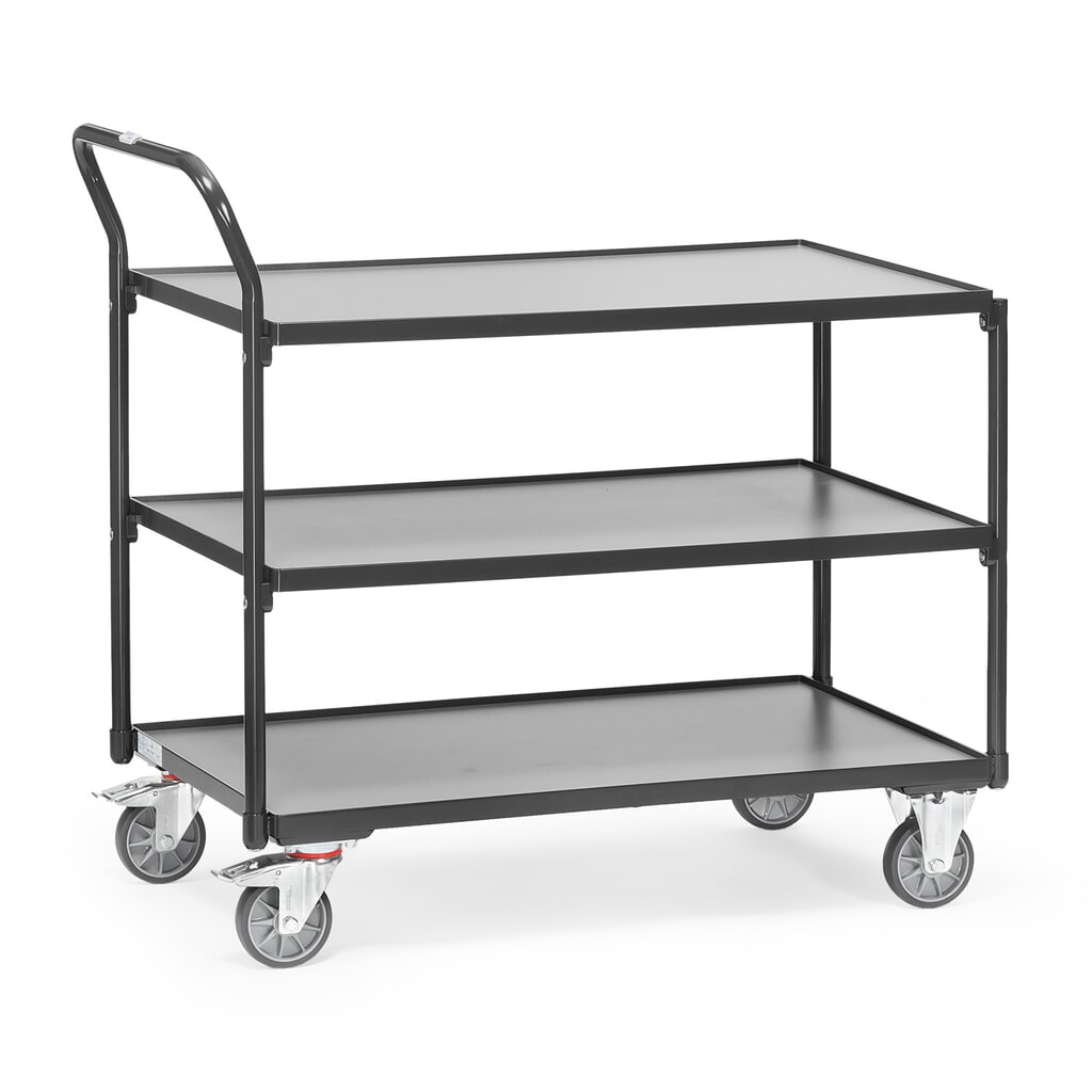 Zdjęcie produktu: Wózek stołowy fetra®, udźwig 300 kg, 3 piętra o wymiarach 1000 × 600 mm, pionowy pałąk do pchania, kolor antracytowy szary