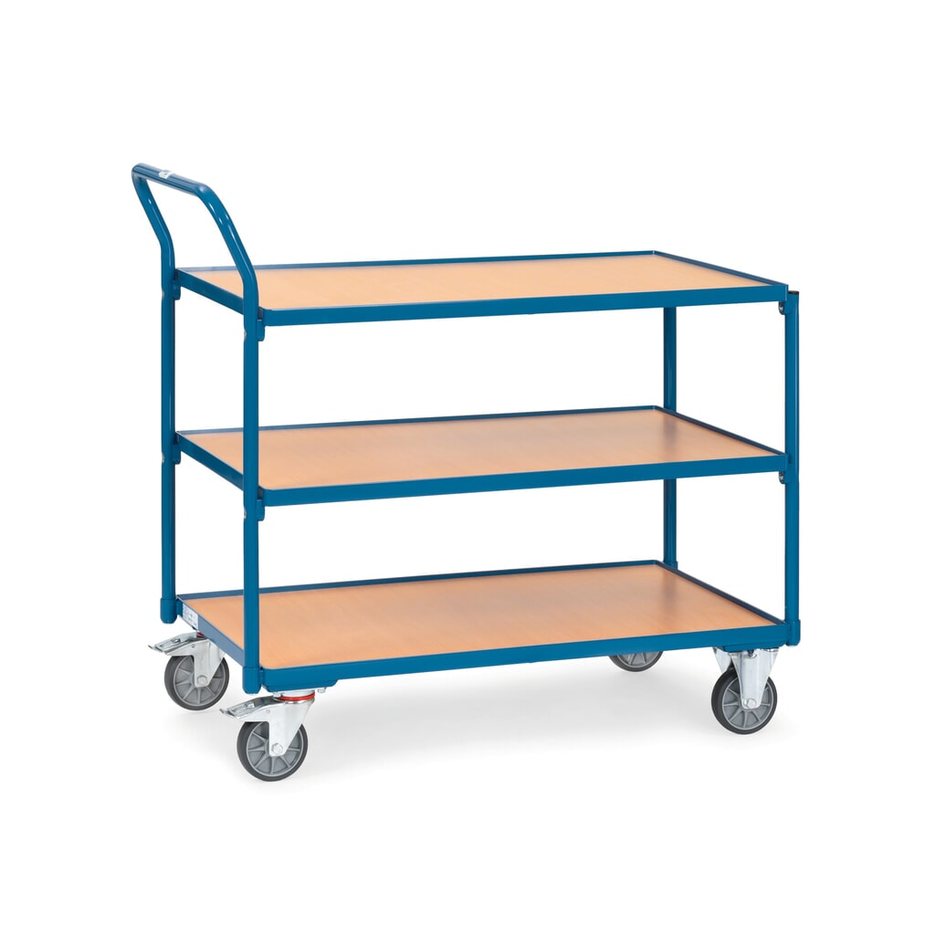 Zdjęcie produktu: Wózek stołowy fetra®, udźwig 300 kg, 3 piętra o wymiarach 1000 × 600 mm, pionowy pałąk do pchania
