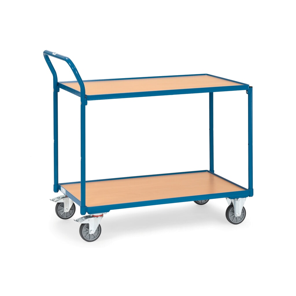 Zdjęcie produktu: Wózek stołowy fetra®, udźwig 300 kg, 2 piętra o wymiarach 1000 × 600 mm, pionowy pałąk do pchania