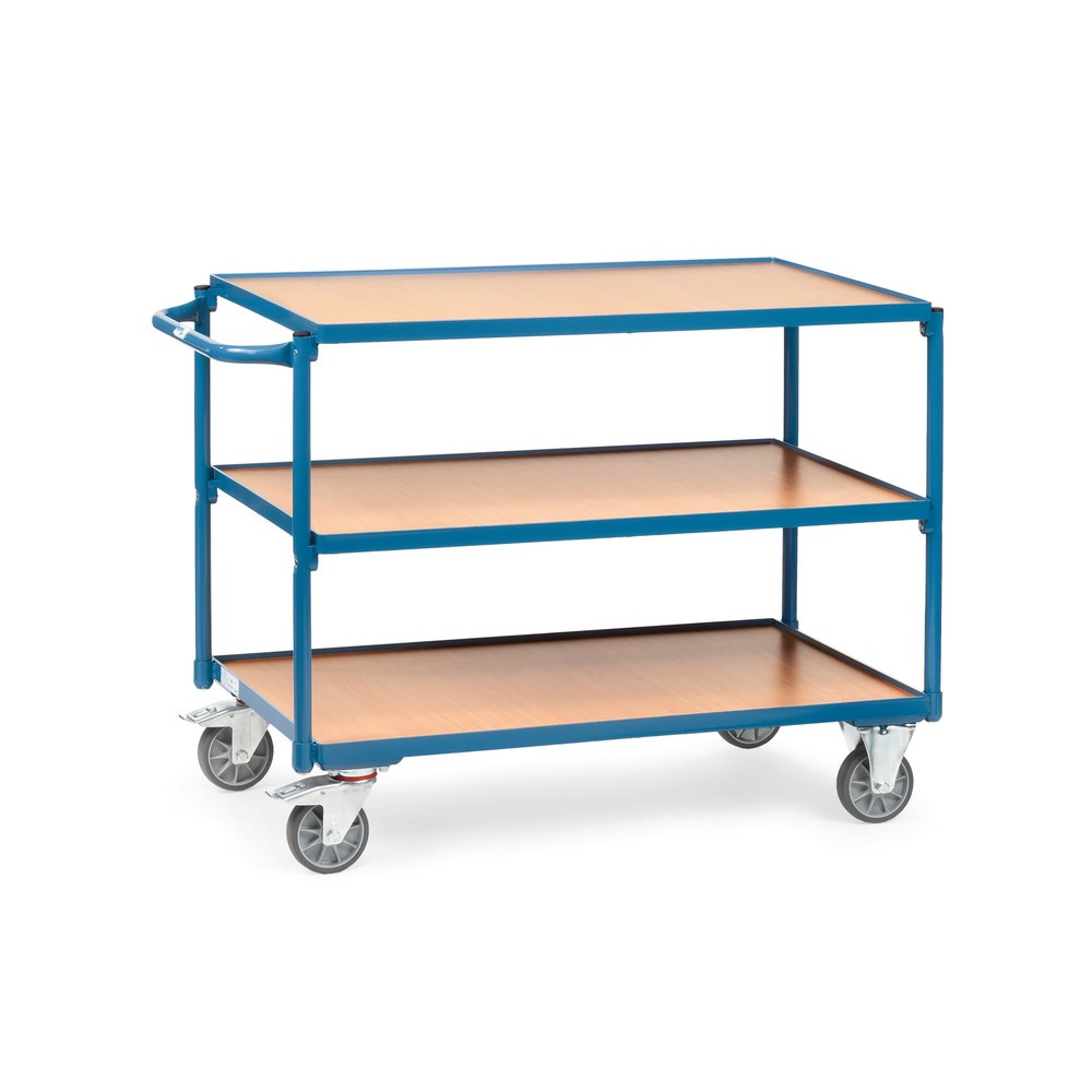 Zdjęcie produktu nr 1: Wózek stołowy fetra®, udźwig 300 kg, 3 piętra o wymiarach 1000 × 600 mm, poziomy pałąk do pałąk do pchania, z centralnym hamulcem