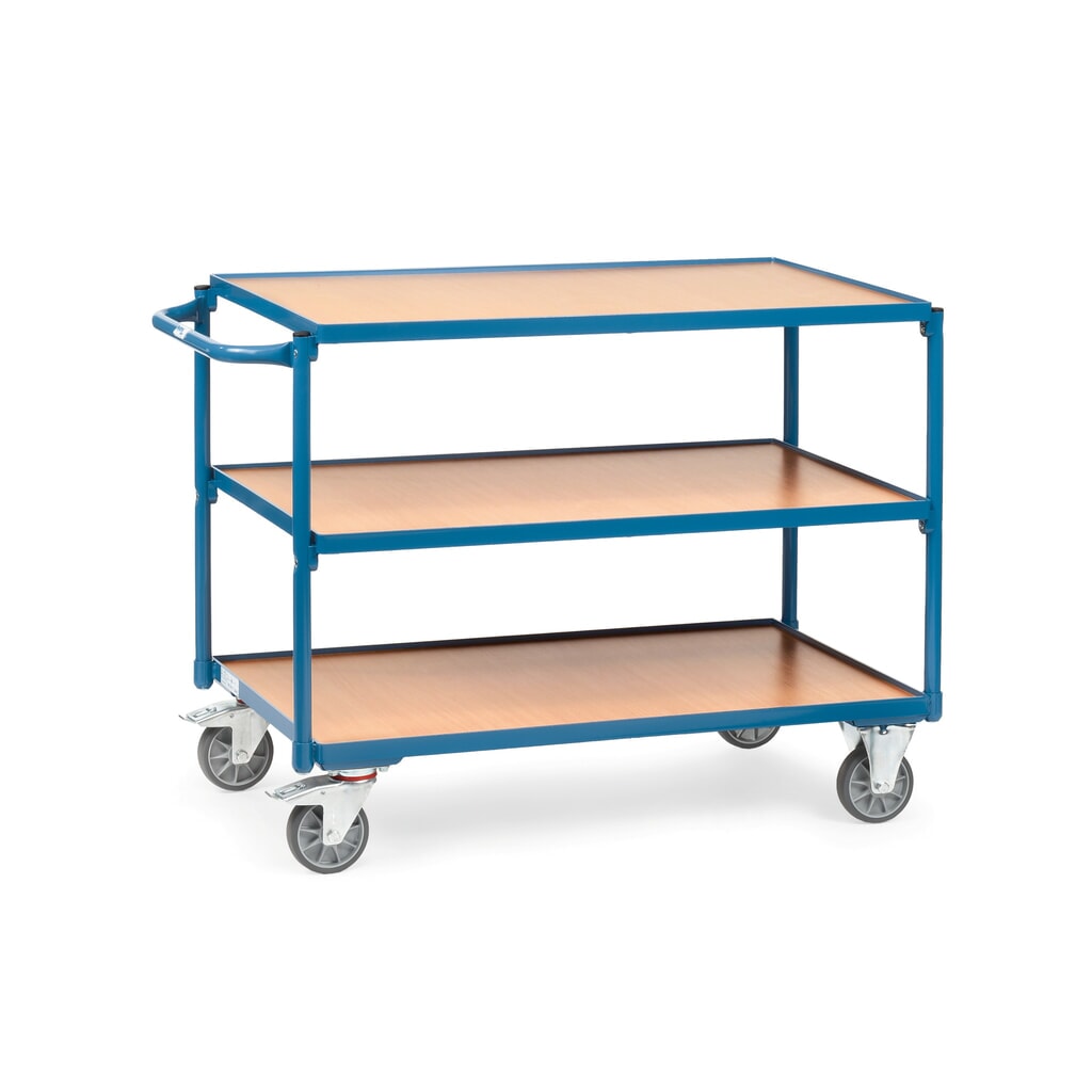 Wózek stołowy fetra®, udźwig 300 kg, 3 piętra o wymiarach 1000 × 600 mm, poziomy pałąk do pałąk do pchania, z centralnym hamulcem Zdjęcie produktu nr 1: Wózek stołowy fetra®, udźwig 300 kg, 3 piętra o wymiarach 1000 × 600 mm, poziomy pałąk do pałąk do pchania, z centralnym hamulcem