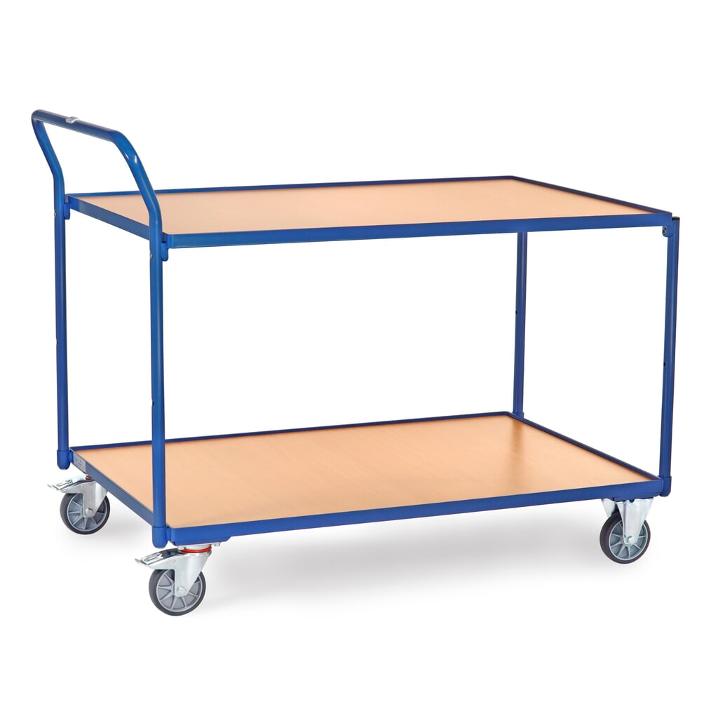 Zdjęcie produktu: Wózek stołowy fetra®, udźwig 300 kg, 2 piętra o wymiarach 1200 × 800 mm, pionowy pałąk do pchania