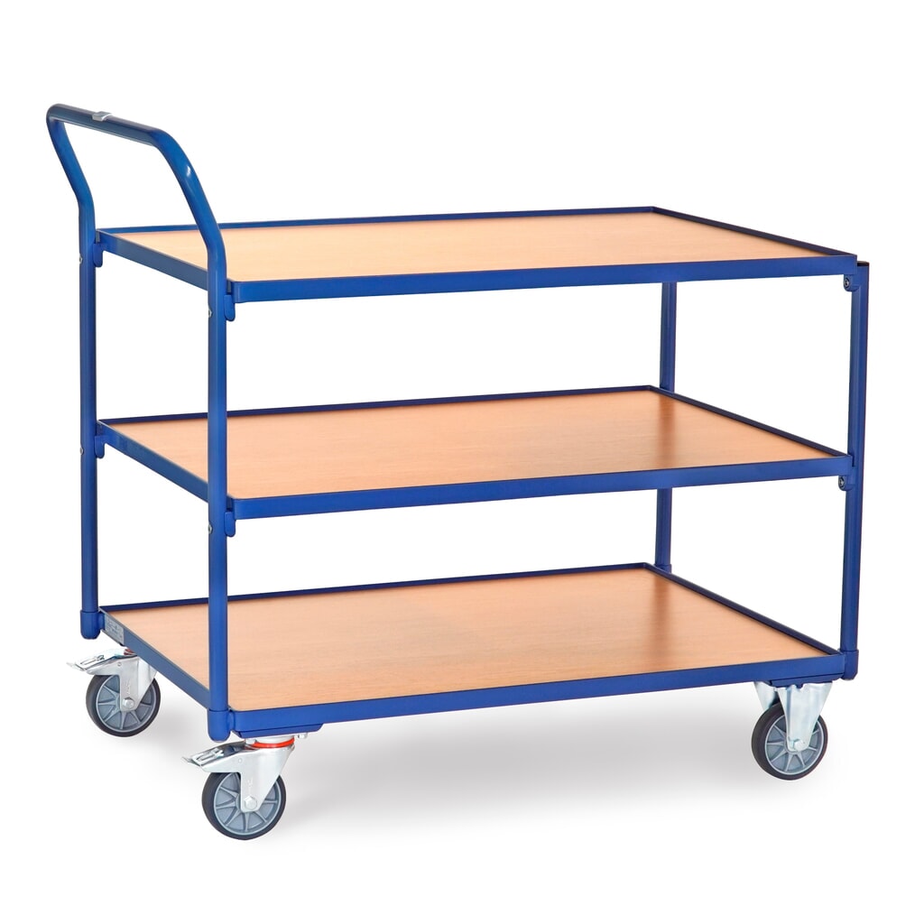 Wózek stołowy fetra®, udźwig 300 kg, 3 piętra o wymiarach 1000 × 700 mm, pionowy pałąk do pchania Zdjęcie produktu: Wózek stołowy fetra®, udźwig 300 kg, 3 piętra o wymiarach 1000 × 700 mm, pionowy pałąk do pchania