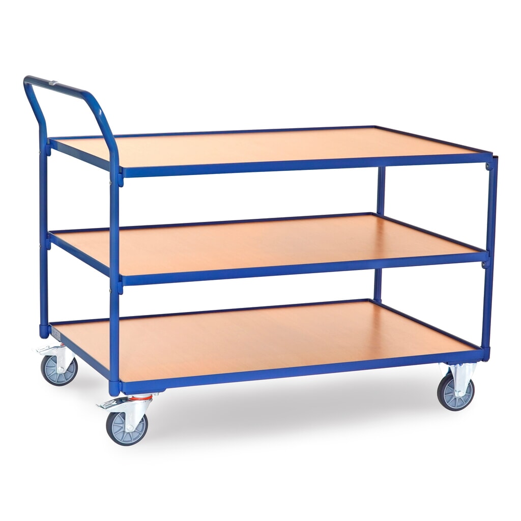 Zdjęcie produktu: Wózek stołowy fetra®, udźwig 300 kg, 3 piętra o wymiarach 1200 × 800 mm, pionowy pałąk do pchania