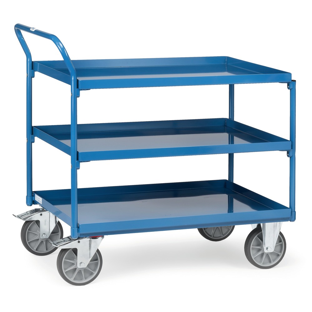 Obraz produktu: Wózek stołowy fetra® z wanienkami nieprzepuszczającymi oleju, 3 poziomy po 1 000 x 700 mm, pionowy kabłąk