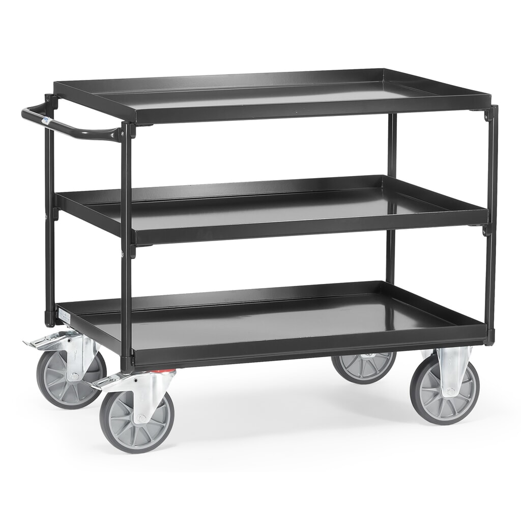 Wózek stołowy fetra® z wanienkami nieprzepuszczającymi oleju, 3 poziomy po 1000 x 700 mm, poziomy kabłąk, kolor antracytowy szary Zdjęcie produktu: Wózek stołowy fetra® z wanienkami nieprzepuszczającymi oleju, 3 poziomy po 1000 x 700 mm, poziomy kabłąk, kolor antracytowy szary