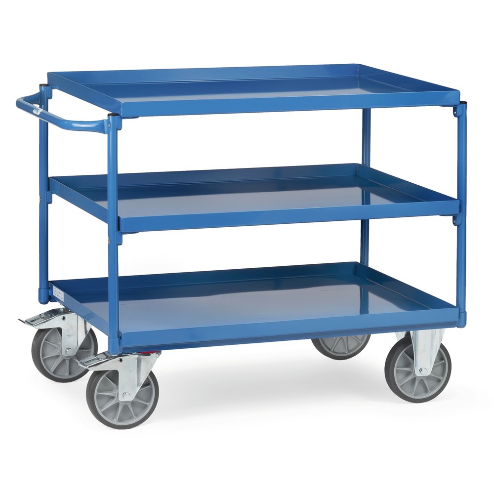 Obraz produktu: Wózek stołowy fetra® z wanienkami nieprzepuszczającymi oleju, 3 poziomy po 850 x 500 mm, poziomy kabłąk