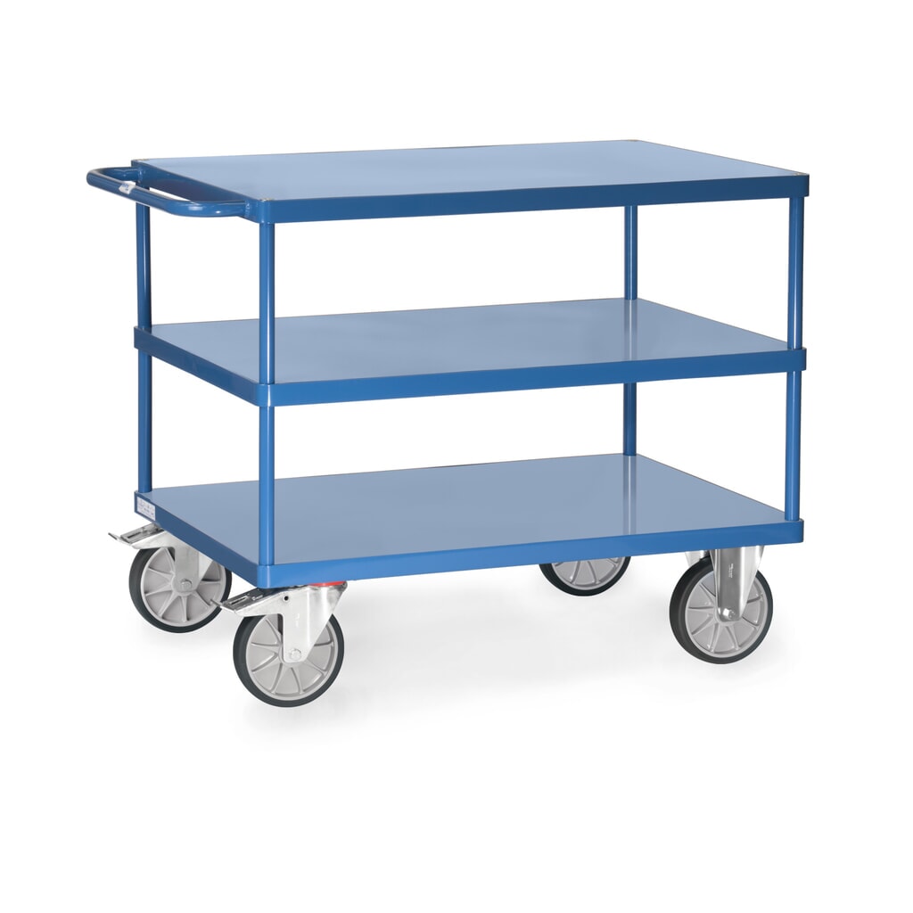 Wózek stołowy i montażowy fetra® z 3 półkami z blachy stalowej o wymiarach 1000 x 600 mm Zdjęcie produktu: Wózek stołowy i montażowy fetra® z 3 półkami z blachy stalowej o wymiarach 1000 x 600 mm