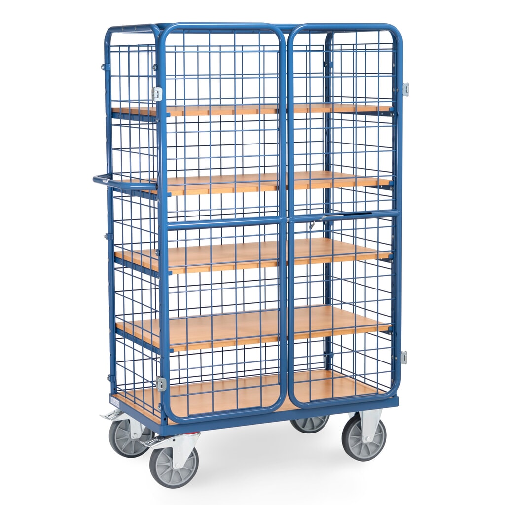 Wózek z szafką fetra®, udźwig 600 kg, ściany kratowe, z drzwiami dwuskrzydłowymi, 5 pięter o wymiarach 1000 × 600 mm Zdjęcie produktu nr 3: Wózek z szafką fetra®, udźwig 600 kg, ściany kratowe, z drzwiami dwuskrzydłowymi, 5 pięter o wymiarach 1000 × 600 mm