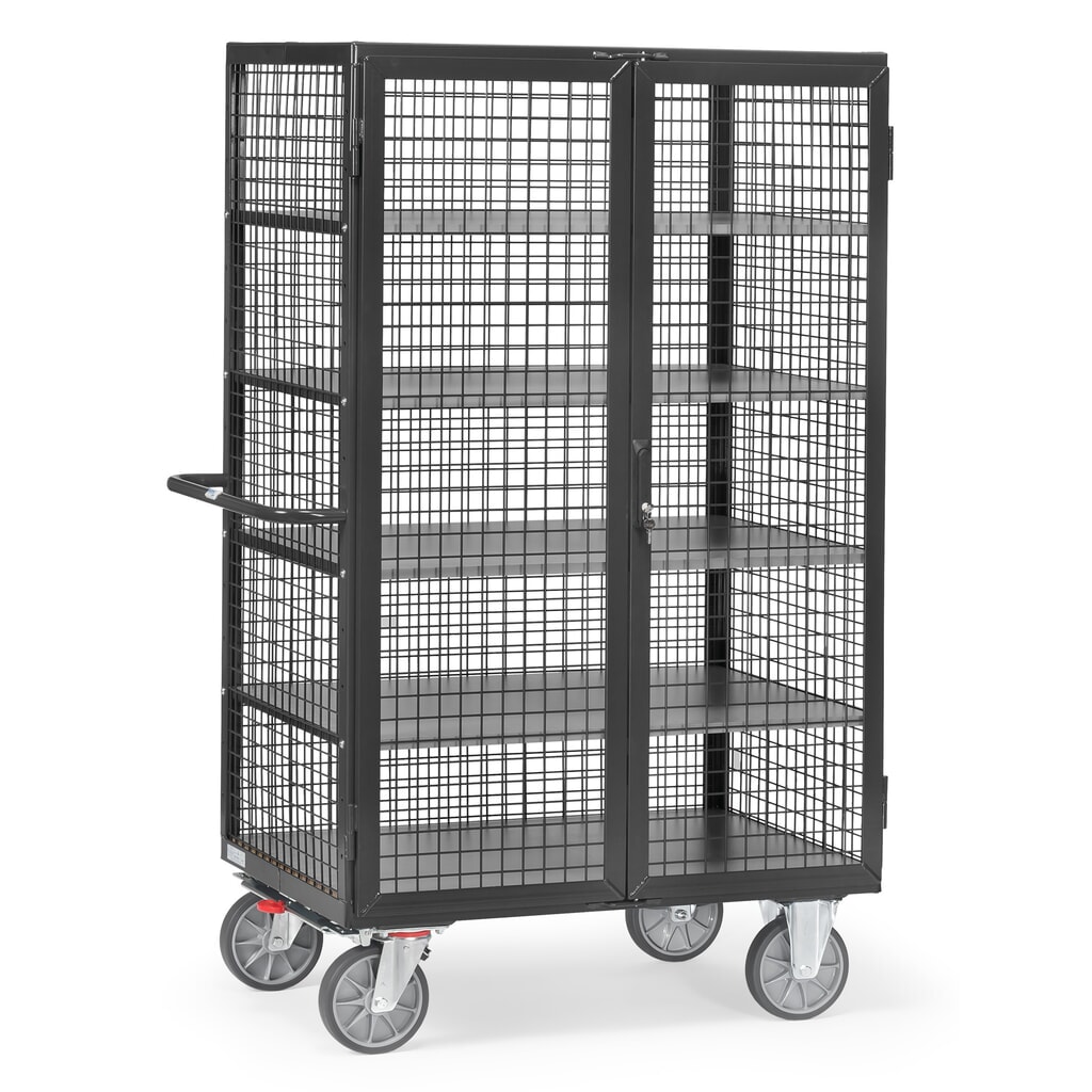 Zdjęcie produktu nr 1: Wózek z szafką fetra®, udźwig 750 kg, ściany kratowe, z drzwiami dwuskrzydłowymi, 5 pięter o wymiarach 1200 × 780 mm, kolor antracytowy szary