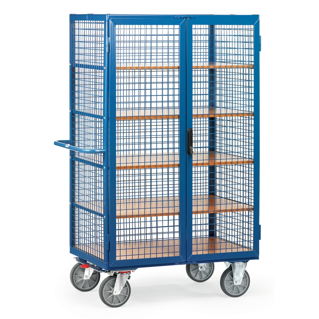 Wózek z szafką fetra®, udźwig 750 kg, ściany kratowe, z drzwiami dwuskrzydłowymi, 5 pięter o wymiarach 1 000 × 680 mm Zdjęcie produktu: Wózek z szafką fetra®, udźwig 750 kg, ściany kratowe, z drzwiami dwuskrzydłowymi, 5 pięter o wymiarach 1 000 × 680 mm