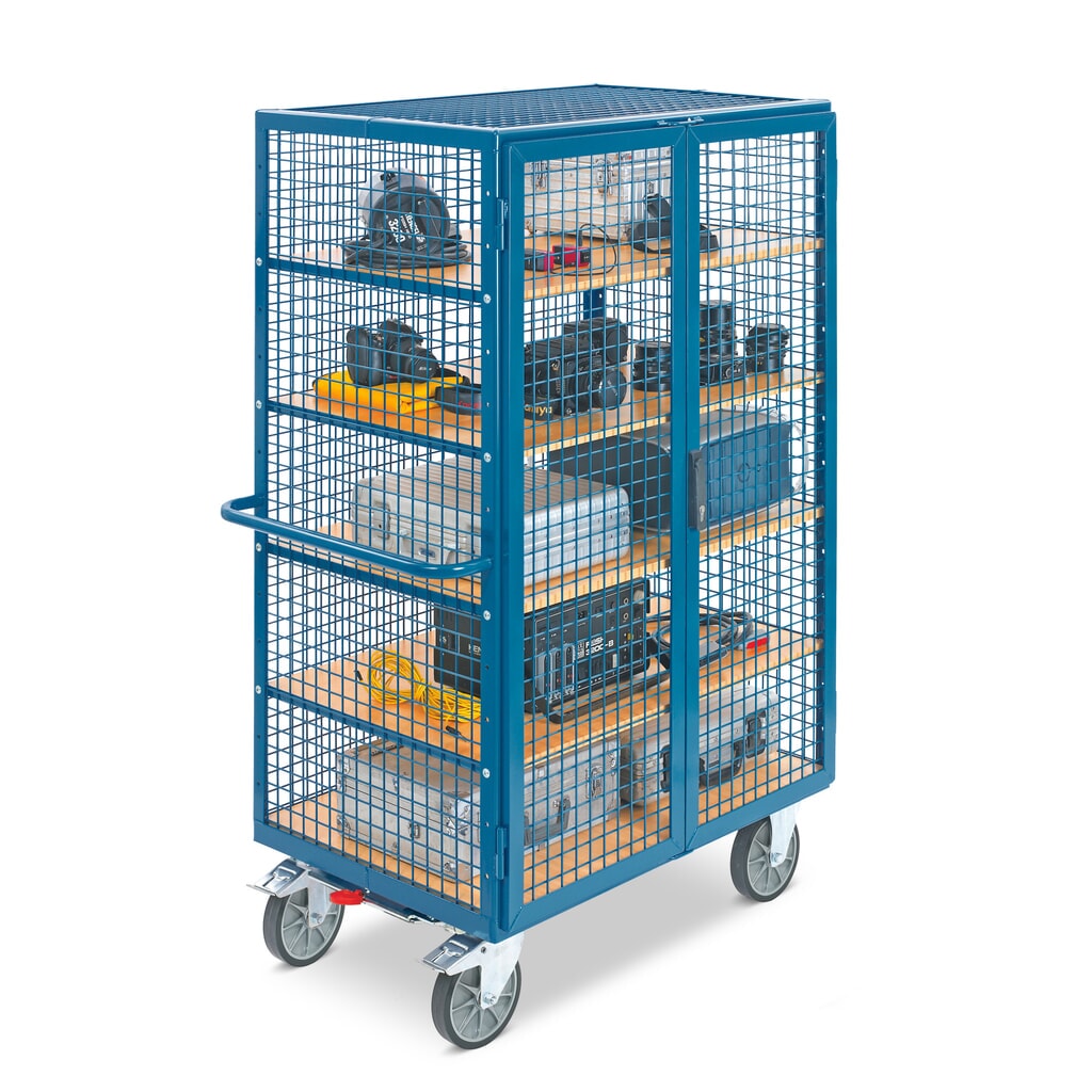 Zdjęcie produktu nr 4: Wózek z szafką fetra®, udźwig 750 kg, ściany kratowe, z drzwiami dwuskrzydłowymi, 5 pięter o wymiarach 1 200 × 780 mm