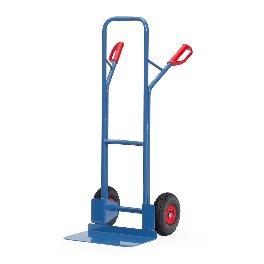 Zdjęcie produktu: Wózek transportowy fetra®, wysokość 1300 mm, udźwig 300 kg, szufla szer. x gł. 480 x 300 mm, z pałąkiem poprzecznym górnym, ogumienie pneumatyczne