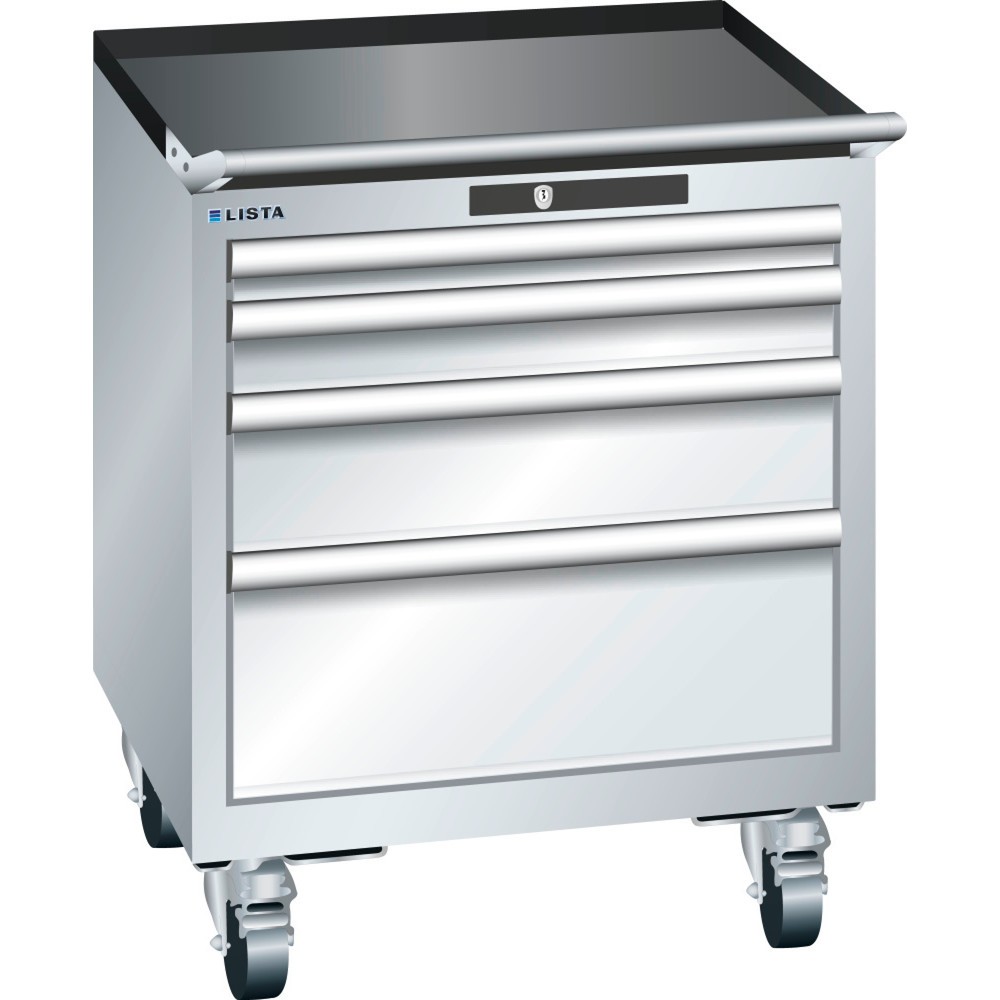 Obraz produktu: Wózek warsztatowy LISTA 27x27E, (szer. x gł. x wys.) 564 x 572 x 723 mm, 4 szuflady, wysokość frontu 50–200 mm, jasnoszary, KEY Lock