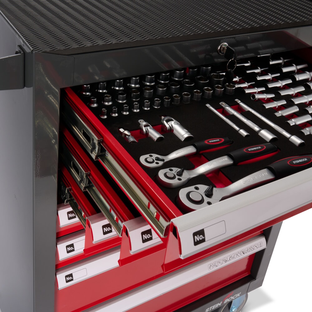 Zdjęcie produktu nr 12: Wózek warsztatowy Steinbock® M, 7 szuflad, możliwość zamykania, wraz ze 130-częściowym zestawem narzędzi