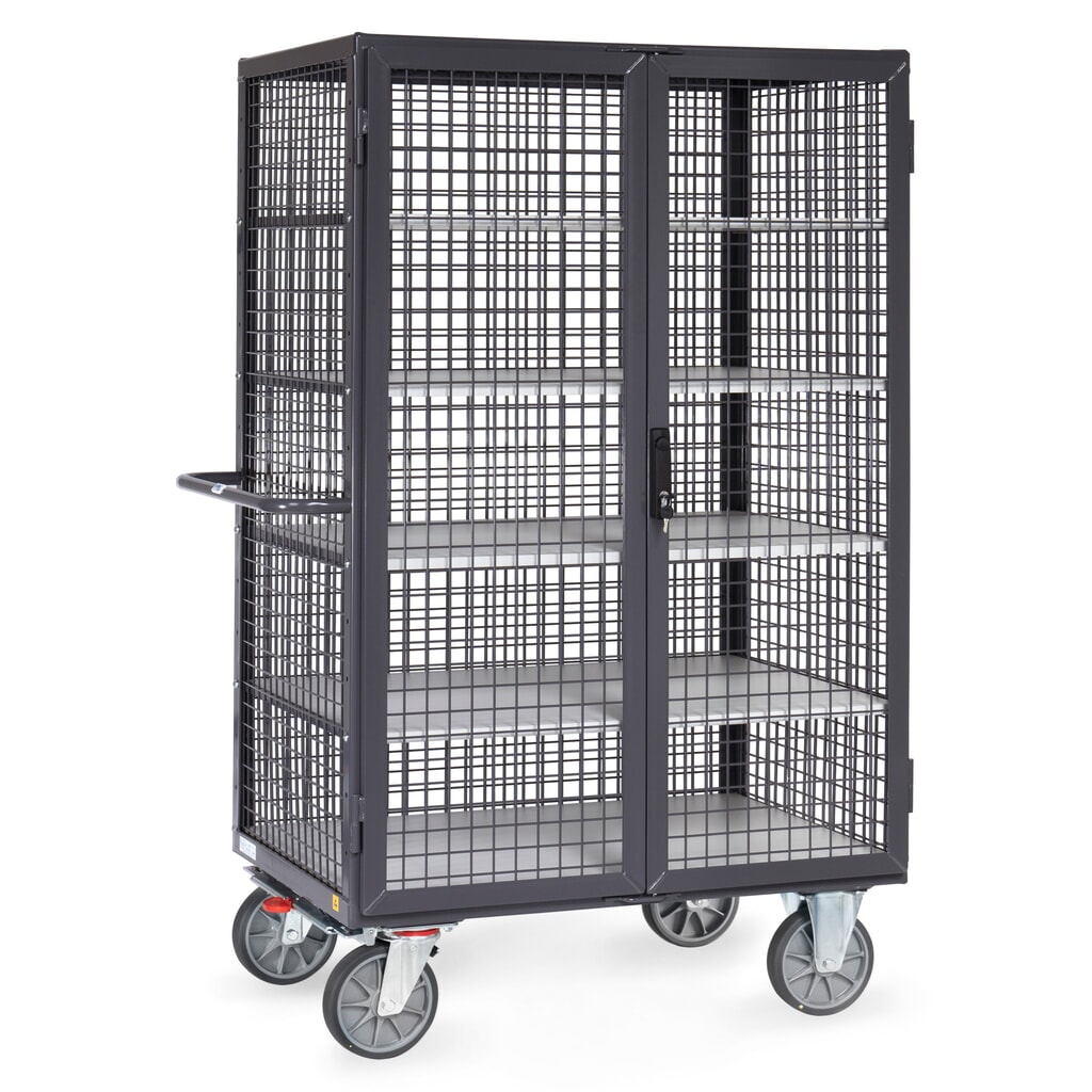 Wózek z szafką ESD fetra®, udźwig 750 kg, ściany kratowe, z drzwiami dwuskrzydłowymi, 5 pięter o wymiarach 1000 × 680 mm Zdjęcie produktu: Wózek z szafką ESD fetra®, udźwig 750 kg, ściany kratowe, z drzwiami dwuskrzydłowymi, 5 pięter o wymiarach 1000 × 680 mm