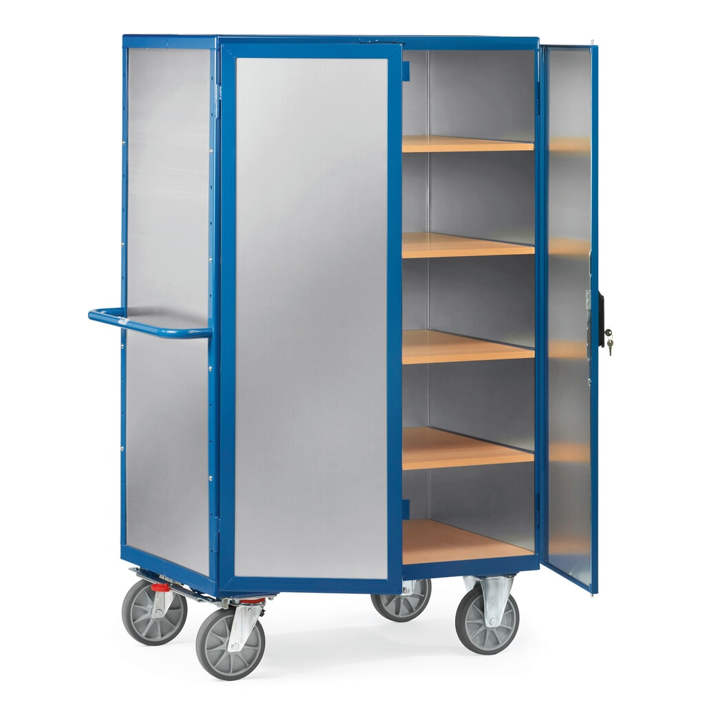 Wózek z szafką fetra®, zamknięty, z drzwiami dwuskrzydłowymi, blacha aluminiowa, 5 poziomów po 1 000 × 680 mm Zdjęcie produktu: Wózek z szafką fetra®, zamknięty, z drzwiami dwuskrzydłowymi, blacha aluminiowa, 5 poziomów po 1 000 × 680 mm