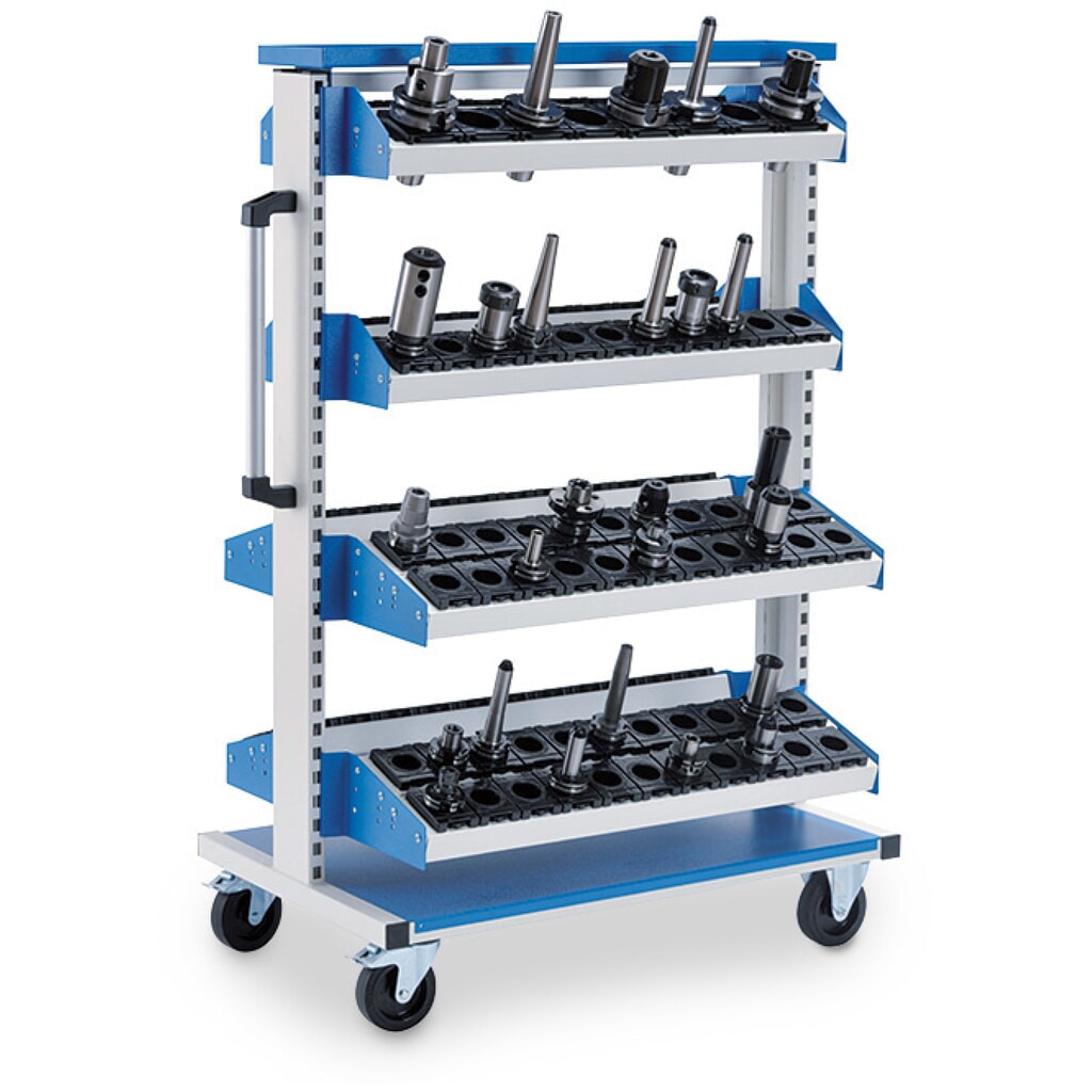 Zdjęcie produktu: Wózek załadunkowy CNC Bedrunka+Hirth, z 4 półkami na narzędzia, wys. x szer. x gł. 1450 x 990 x 610 mm, kolor jasnoszary, kolor jasnoniebieski